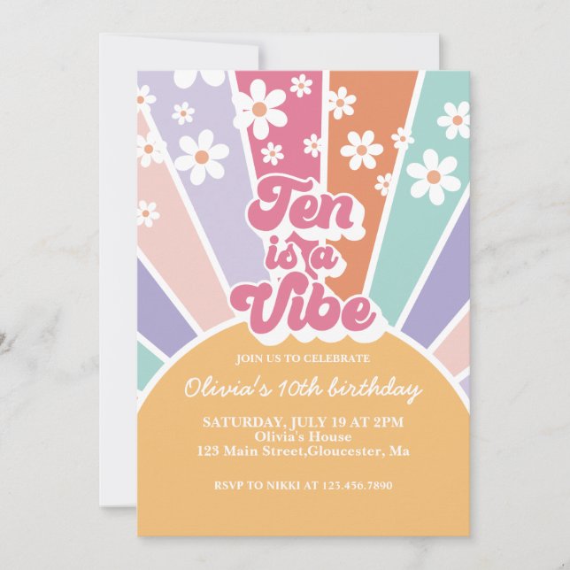Ten is a Vibe Retro Sunshine Rainbow Daisy Invitation (Front)