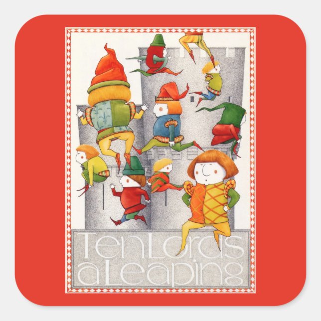 TEN LORDS A LEAPING Large Square Stickers - Red (Front)