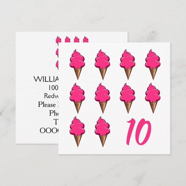 Ten year old Girls Birthday Cute Pink Ice Creams Invitation (Front/Back)