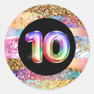 Ten years old rainbow glitter sparkle birthday classic round sticker