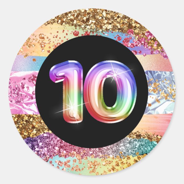 Ten years old rainbow glitter sparkle birthday classic round sticker (Front)