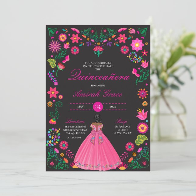 Tenangos Bordados Pink Quinceañera Invitation (Standing Front)