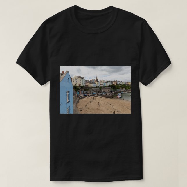 Tenby North Beach And Pastel Houses T-Shirt (Design Front)