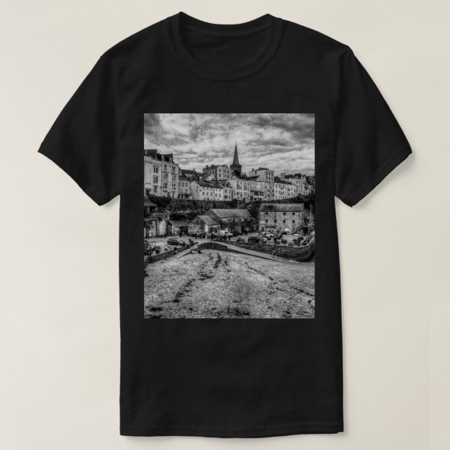 Tenby North Beach Black And White T-Shirt (Design Front)
