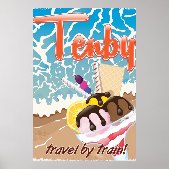 Tenby Pembrokeshire ice cream cartoon travel Poster (Front)