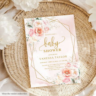 Tender blush pink peonies girl baby shower party invitation