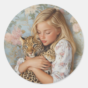 Tender Embrace with Leopard Classic Round Sticker