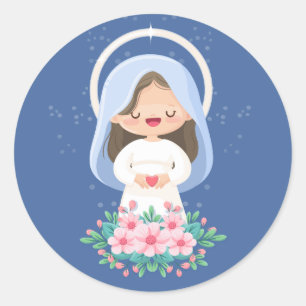 Tender Kawaii Virgin Mary with Heart – Dark Blue Classic Round Sticker