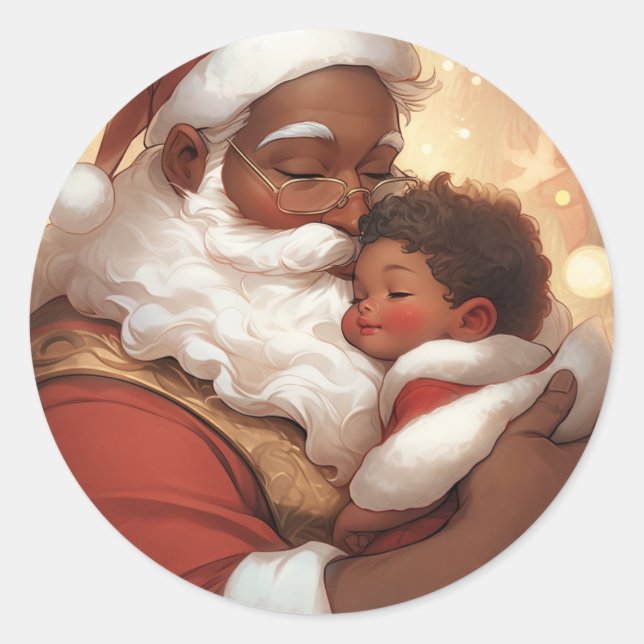 "Tender Moments: Black Santa with Sleeping Baby" Classic Round Sticker (Front)