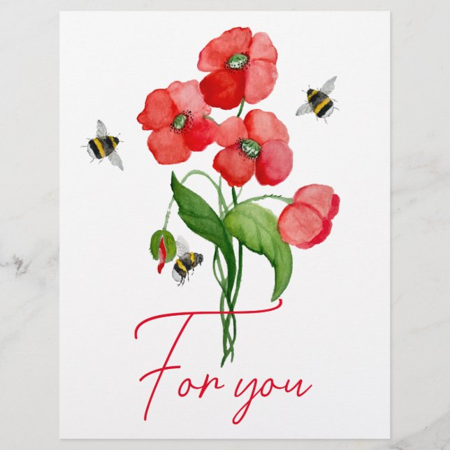 Tender scarlet poppy flower and bumblebees custom letterhead (Front)