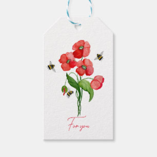 Tender scarlet poppy flower and bumblebees gift tags