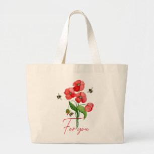 Tender scarlet poppy flower and bumblebees large tote bag