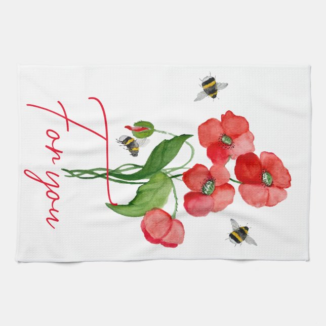 Tender scarlet poppy flower and bumblebees tea towel (Horizontal)