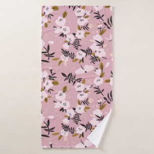 Tender spring cherry blossom on pink bath towel