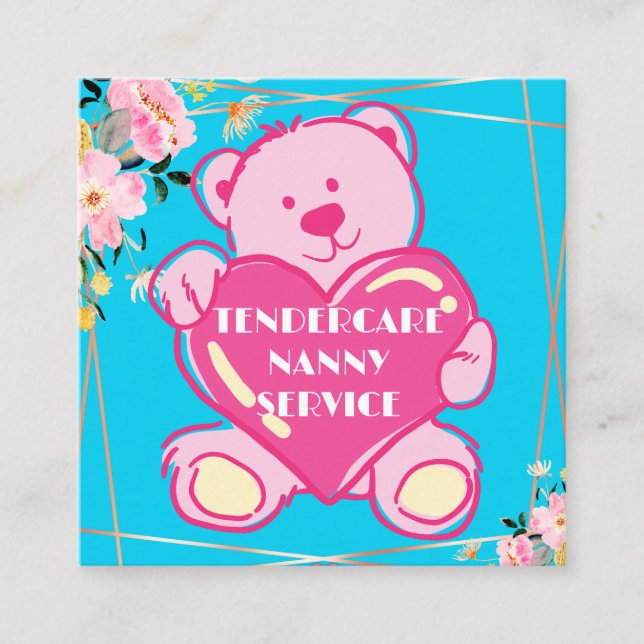 Tendercare Nanny Service Blue And Pink Teddy Bear Square Business Card (Front)