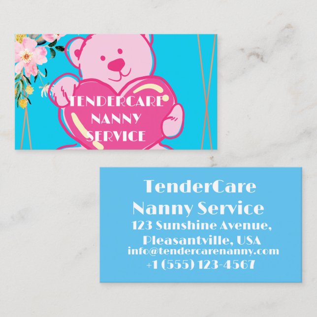 Tendercare Nanny Service Blue & Pink Teddy Bear Business Card (Front/Back)