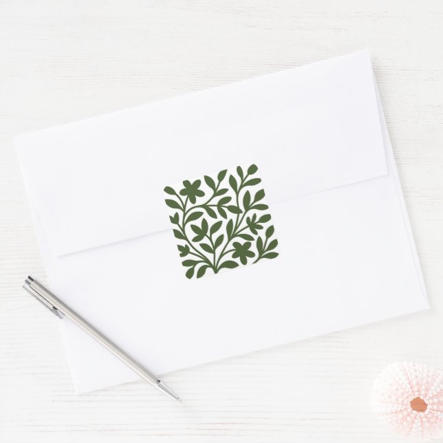 Tendril Garden Green Vine Floral Leaves Square Sticker (Envelope)