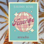 Tenerife canarias España vintage party Postcard<br><div class="desc">Tenerife Isla de España,  canarian island Spain,  Retro Vintage Design featuring a disco ball in pink,  and apricot peach hues. This beautiful postcard is a perfect greeting card for Tenerife residents,  visitors,  tourists or fans.</div>
