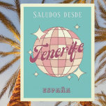 Tenerife canarias España vintage party Postcard<br><div class="desc">Tenerife Isla de España,  canarian island Spain,  Retro Vintage Design featuring a disco ball in pink,  and apricot peach hues. This beautiful postcard is a perfect greeting card for Tenerife residents,  visitors,  tourists or fans.</div>