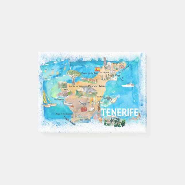 Tenerife Canarias Spain Illustrated Map with Landm Post-it Notes (Front)