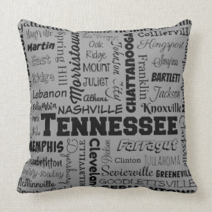 Tennessee Cities typography, grey Cushion