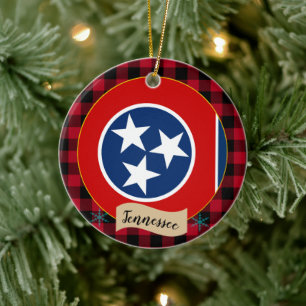 Tennessee, Red buffalo plaid & Tennessee Flag Ceramic Tree Decoration