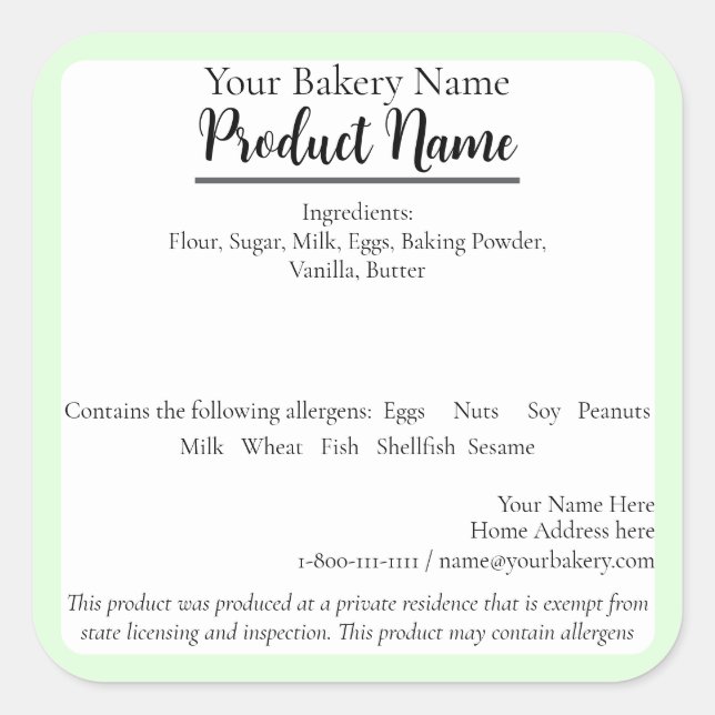 Tennessee State Cottage Food Business Baking Label (Front)