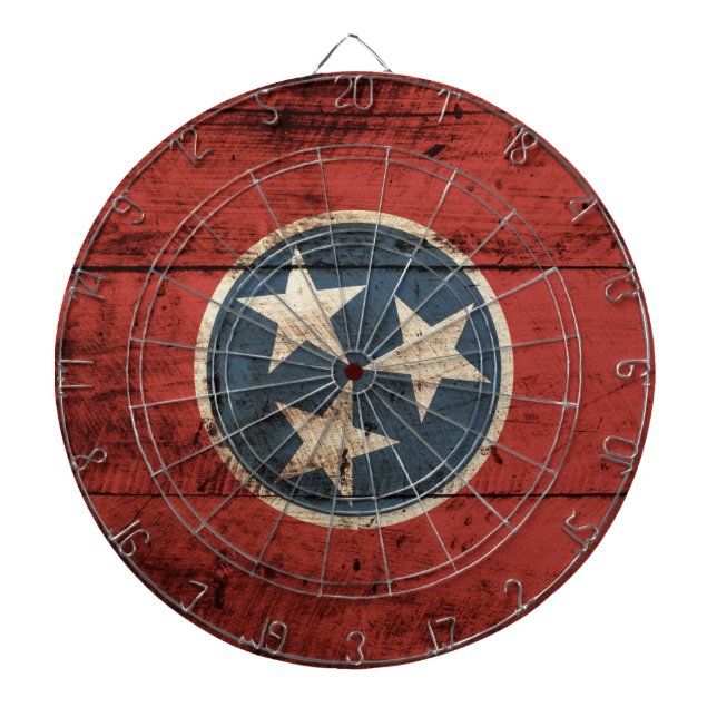 Tennessee State Flag on Old Wood Grain Dartboard (Front)