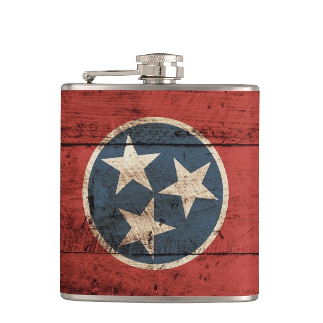 Tennessee State Flag on Old Wood Grain Hip Flask (Front)