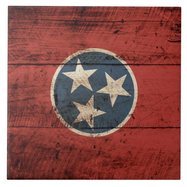 Tennessee State Flag on Old Wood Grain Tile (Front)