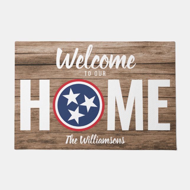 Tennessee Welcome Home Red White Blue Wood TN Flag Doormat (Front)