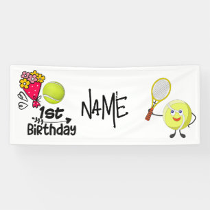 Tennis 1st Birthday  Ball and Racket with name Banner