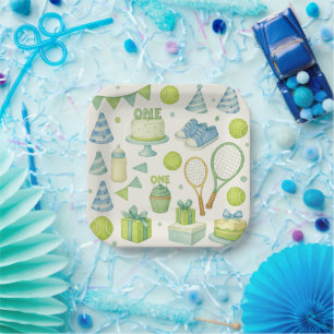 Tennis 1st Birthday for Boy Blue and green themed Paper Plate