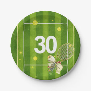 Tennis 30th Birthday Balls on the court Paper Plate