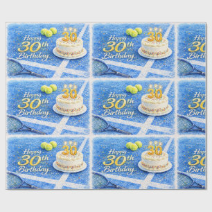 Tennis 30th Birthday with cake and ball on court Wrapping Paper