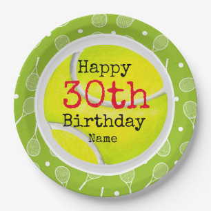 Tennis 30th Birthday with tennis ball and number Paper Plate