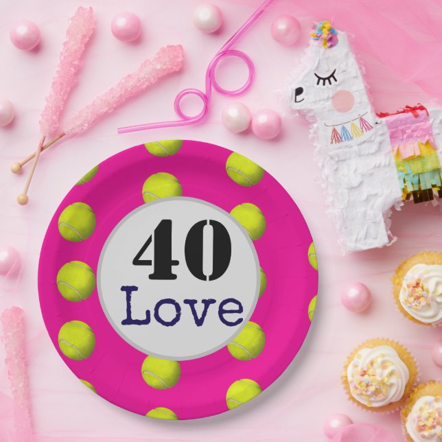 Tennis 40th  Birthday  tennis ball and number love Paper Plate (Party)