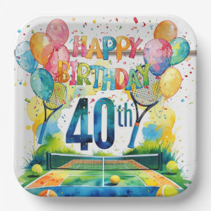 Tennis 40th Birthday  tennis ball and number Paper Plate