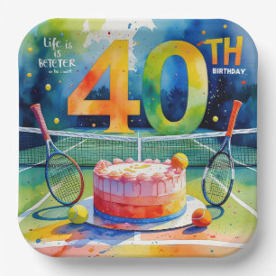 Tennis 40th Birthday  tennis ball and number Paper Plate