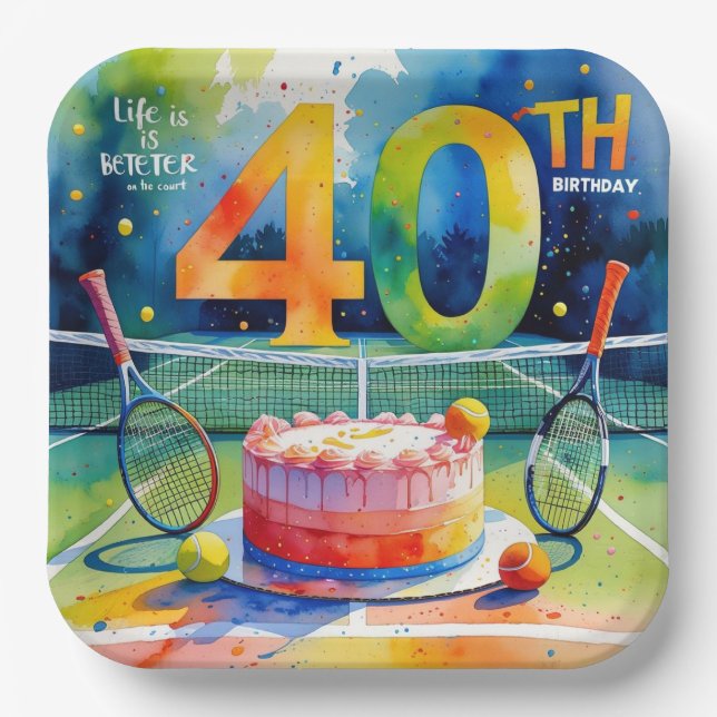 Tennis 40th Birthday  tennis ball and number Paper Plate (Front)