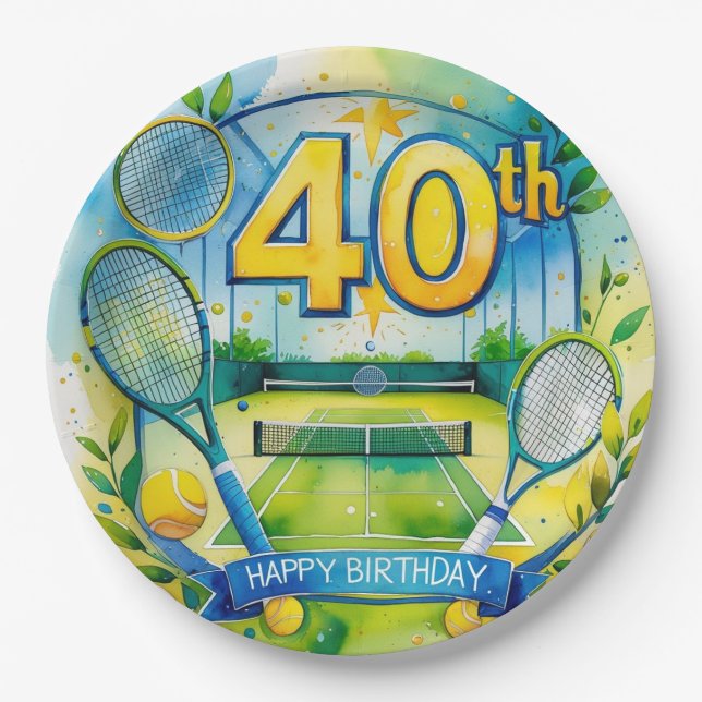 Tennis 40th Birthday  tennis ball and number Paper Plate (Front)