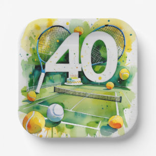 Tennis 40th Birthday  tennis ball and number Paper Plate