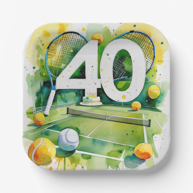 Tennis 40th Birthday  tennis ball and number Paper Plate (Front)