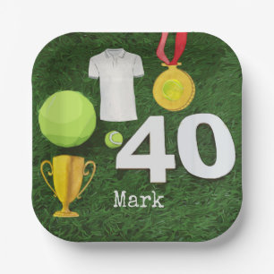 Tennis 40th Birthday with tennis ball on green Paper Plate