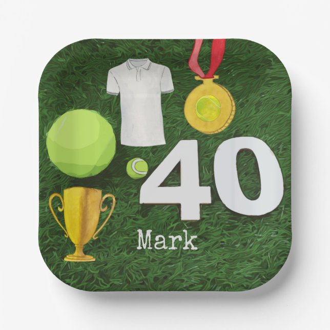 Tennis 40th Birthday with tennis ball on green Paper Plate (Front)