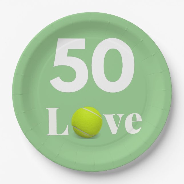 Tennis 50th Birthday Anniversary with LOVE text   Paper Plate (Front)