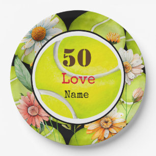 Tennis 50th Birthday ball with Daisy Flowers Paper Plate