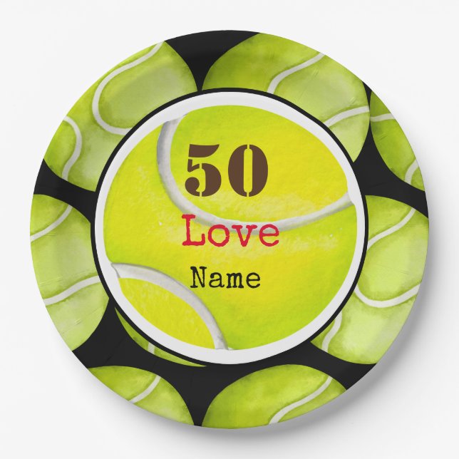 Tennis 50th Birthday ball with love and name     Paper Plate (Front)