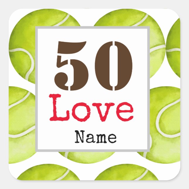 Tennis 50th Birthday ball with love and name     Square Sticker (Front)