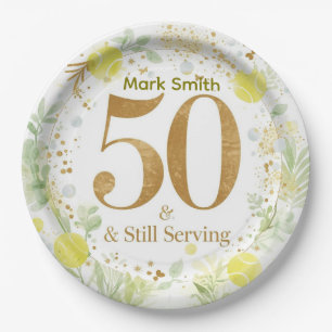 Tennis 50th Birthday Balls on the court Paper Plate